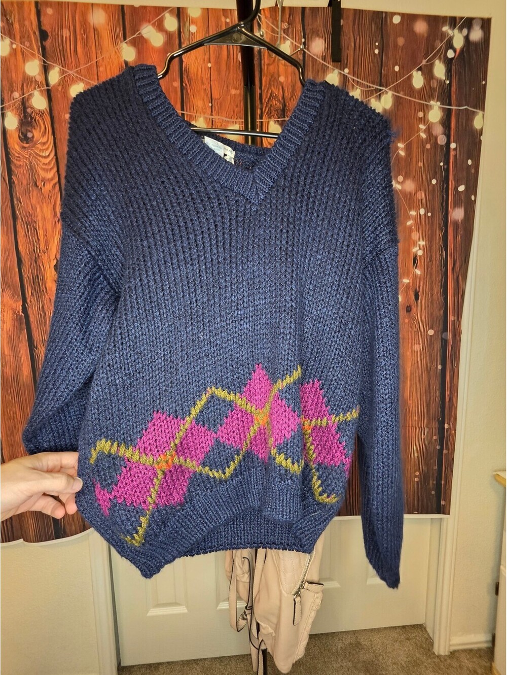 Jamie Scott Hand-Knitted Navy Blue V-Neck Sweater with Pink and Yellow Argyle